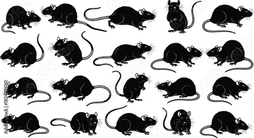 Cartoon rat silhouette, black illustration, animal poses, grid layout, cute rodents, character design, visual pattern, playful artwork, nature theme