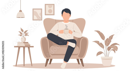 Relaxing at home with coffee enjoying a moment of peace, a cozy and calm lifestyle, a modern and minimalist aesthetic with a focus on comfort and simple living