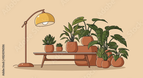 Stylish indoor plant arrangement with lush greenery and modern lamp creates a warm, inviting space for relaxation and design inspiration