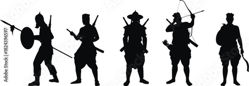Historical Asian warriors silhouettes set, featuring ancient combatants armed with swords, bows, spears, and shields in traditional Eastern fighting stances vector.