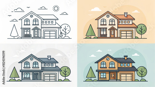 Four house designs showcase modern home architecture, ideal for real estate marketing and property development projects with clean lines and stylish appeal