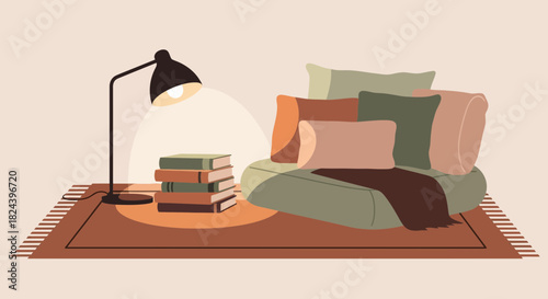 Cozy reading nook with soft pillows, warm light, and stacked books invites you to unwind and relax in this inviting, peaceful space, perfect for quiet time