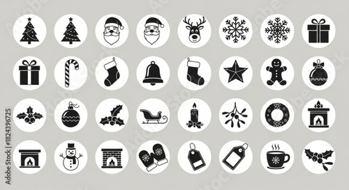 Collection of black and white christmas and winter holiday icons presented in circular outlines on a light gray background for festive design