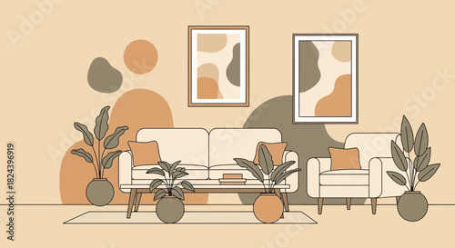 Elegant living room interior design showcasing modern furniture, houseplants, and artwork, creating a cozy and inviting atmosphere for relaxation and comfort