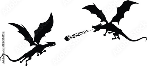 One Breathing Fire, Mythical Fantasy Beasts with Spreading Wings