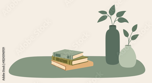 Serene books and plants still life evokes calm and focus, perfect for study backgrounds or wellness branding, conveying peace and mindfulness