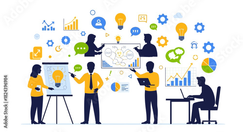 Creative team brainstorming ideas, developing innovative strategies, and analyzing data for business growth in a collaborative and dynamic environment