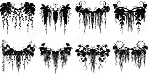 Hanging plant silhouette, botanical design, vines, leaves, floral elements, black illustration, nature decor, ornamental foliage, tropical art, symmetry
