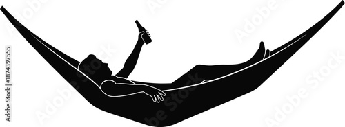 Silhouette Vector Illustration of Man Relaxing in Hammock Holding Beer Bottle, Enjoying Leisure Time, Vacation, Holiday, Summer Rest, and Outdoor Relaxation on White Background