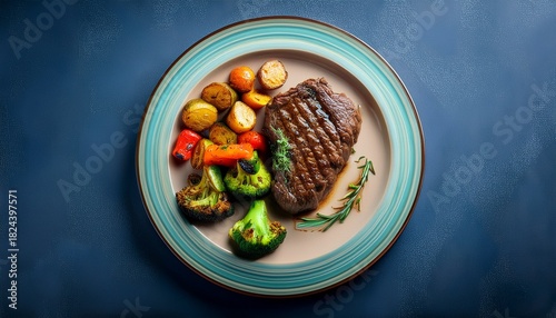 sizzling steak on plate with roasted vegetables ready for midday meal juicy healthy