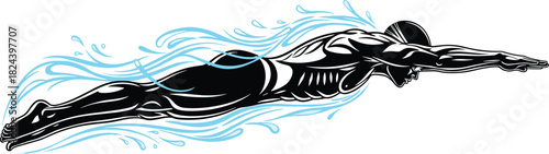 Swimmer Silhouette Vector Graphic in Butterfly Stroke Diving Pose Surrounded by Blue Water Splash Waves Symbolizing Speed Strength and Competition.