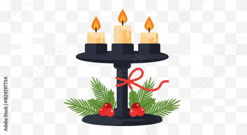 Illustration of a black candelabra holding three lit beige candles decorated with green fir branch and red berry for christmas holiday celebration
