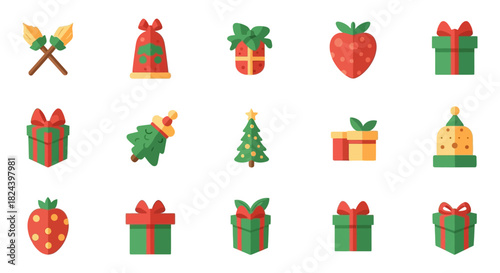 A cheerful set of flat design vector icons illustrating festive holiday celebrations, featuring wrapped gifts, elegant Christmas trees, and various seasonal symbols