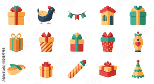 Delightful collection of festive season icons, featuring wrapped presents, decorative elements, and cheerful symbols to enhance any holiday-themed design project