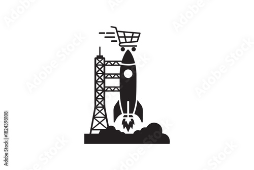 Rocket launch with shopping cart business growth concept Shopping cart on rocket fast online store launch silhouette graphic
