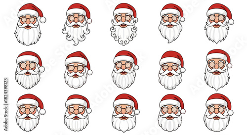 Collection of Santa Claus faces with various beard styles, mustaches and expressions for holiday designs and decorations