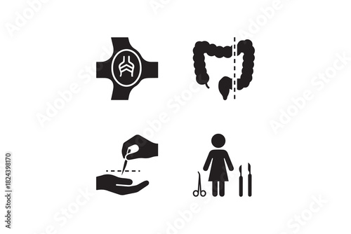 Black and white surgery icons set for medical design Vector illustration of medical operation concepts