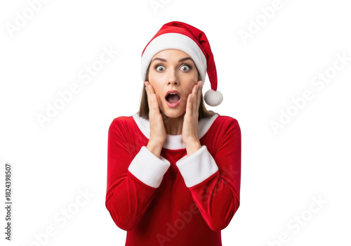 Shocked woman in santa costume isolated on transparent background