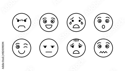 Set of emoticons displaying various emotions in minimalist line design