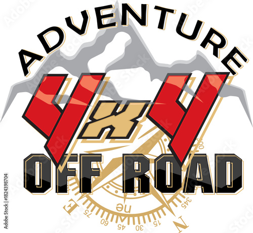 4x4 Off Road Adventure Logo Emblem Vector Illustration with Compass and Mountain Background.