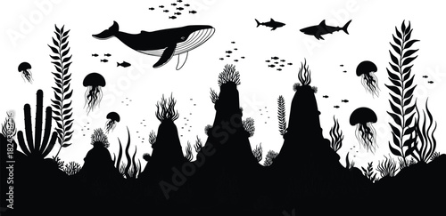 Silhouette vector illustration of underwater ocean life featuring a whale, sharks, jellyfish, and coral reef plants.