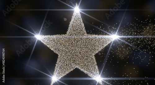 Glittering five point star shape made of golden sparkle particles shining brightly against a dark background with lens flare effect