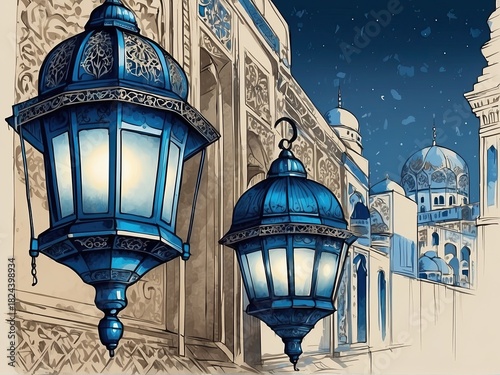A beautifully detailed illustration of traditional Arabic lanterns glowing warmly in an elegant interior setting. The ornate metal patterns, soft ambient lighting, and subtle shadows create a serene a