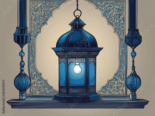 A beautifully detailed illustration of traditional Arabic lanterns glowing warmly in an elegant interior setting. The ornate metal patterns, soft ambient lighting, and subtle shadows create a serene a