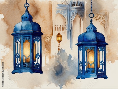 A beautifully detailed illustration of traditional Arabic lanterns glowing warmly in an elegant interior setting. The ornate metal patterns, soft ambient lighting, and subtle shadows create a serene a