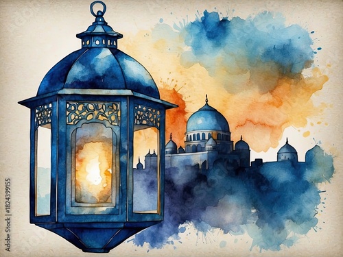 A beautifully detailed illustration of traditional Arabic lanterns glowing warmly in an elegant interior setting. The ornate metal patterns, soft ambient lighting, and subtle shadows create a serene a