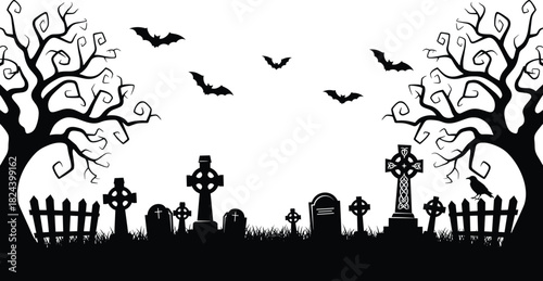 Spooky graveyard silhouette, bats, crow, trees, gravestones, Halloween scene, horror illustration, eerie atmosphere, gothic art, black nature, scary night
