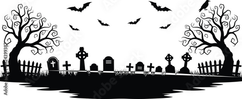 Spooky graveyard silhouette, bats, crow, twisted trees, gravestones, broken fence, Halloween scene, horror illustration, eerie atmosphere, gothic art, night
