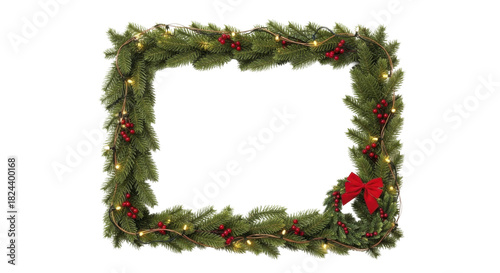 Christmas frame with festive evergreen branches, red berries, string lights, and a red bow on a transparent background, PNG image, PNG file.