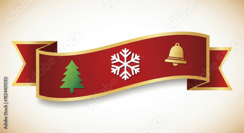 Festive red ribbon banner with gold trim featuring a green christmas tree, white snowflake, and golden bell icon for holiday greeting design