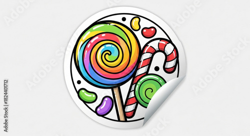 Colorful lollipop and candy cane sticker design featuring jelly bean candy illustration