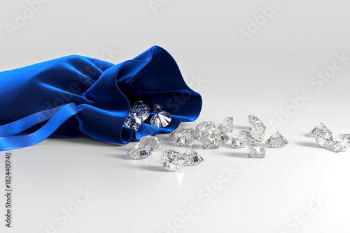 Velvet blue bag with the scattering of diamonds on the white background. Exhibition of precious stones. Jewelry industry. 3d rendering.