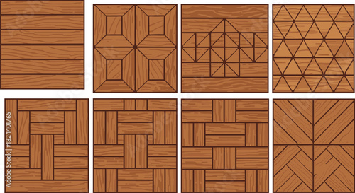 Wooden tile pattern icon set vector illustration, geometric flooring styles, interior design motifs, cartoon style, parquet layout