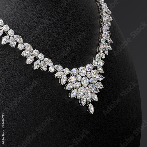 Luxurious diamond necklace on a leather bust stand. Side view. Close-up. Jewelry showcase. 3d rendering.
