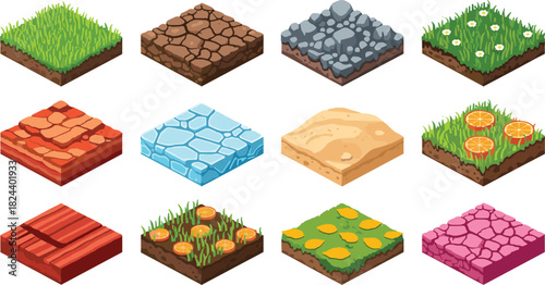 Stylized terrain tile icon set vector illustration, environmental surface textures, game design assets, cartoon style, nature simulation layout
