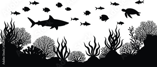 Underwater ocean silhouette, shark, sea turtle, coral reef, fish school, marine life, black illustration, nature scene, ecosystem, biodiversity, seaweed