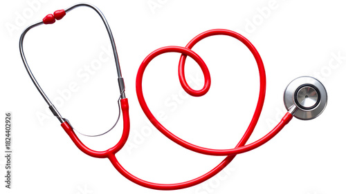 A bright red stethoscope artfully arranged in the shape of a heart symbolizing love for healthcare and medicine isolated on transparent background