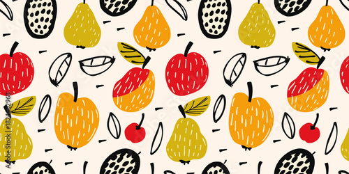Cute vector seamless pattern with different summer fruits, apples, pears, cherries, exotic fruit. Abstract hand-drawn style illustration. Funky childish background. Repeating design for print, package