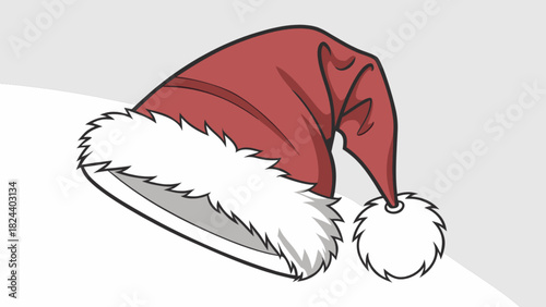 Illustration of a red santa hat with white fur trim and pom pom on a white and gray background