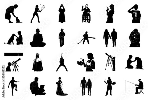 Silhouette collection of people and animals in various activities