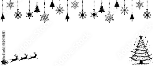 black and white Christmas frame with a Christmas tree, snowflakes and Santa Claus on a sleigh isolated over transparent background; cute monochrome overlay