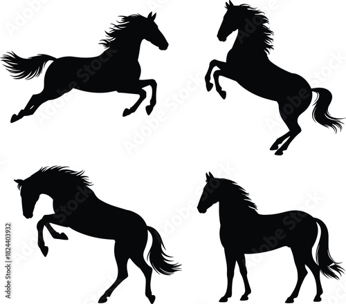 Silhouettes of four horses in dynamic poses, galloping, rearing, standing, equine motion, posture reference, animal illustration