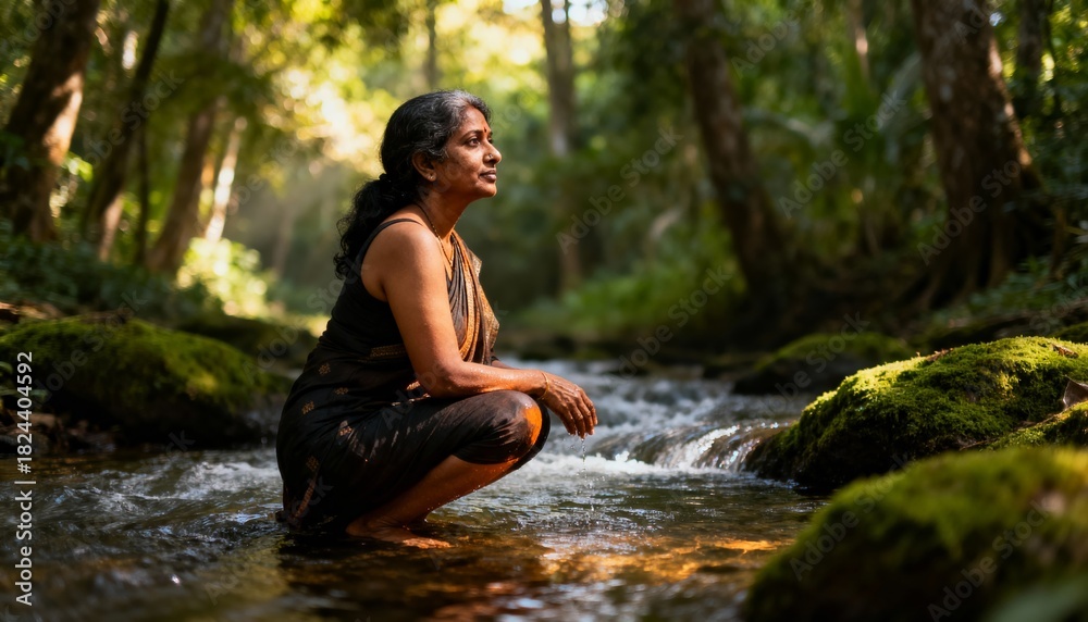 Fototapeta premium Woman squatting in flowing water in forest light, tranquil spiritual mood, photorealistic style