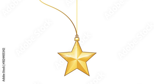 Shiny golden fivepointed star christmas ornament hanging by a thin golden thread