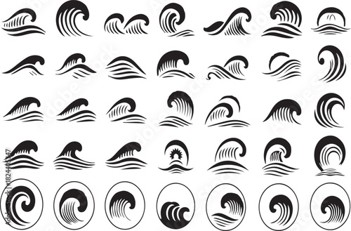 Ocean wave collection various black silhouette designs of sea waves and water motion