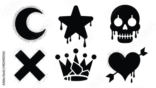 Set of dripping grunge icons black vector illustration of moon star skull cross crown and heart with arrow isolated on white background